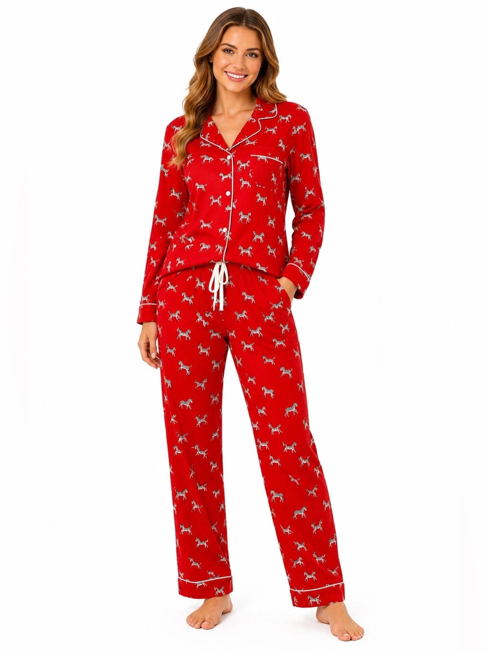 Tommy Hilfiger Red Zebra Sleepwear Set 100% Cotton Button Front Pajamas Preppy